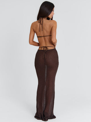 karlotta lace bias maxi dress brown Strappy Tie Drape Detail Maxi Dress In Chocolate Brown Lace | EGO US