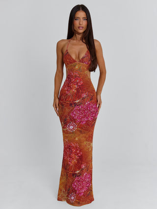 esmeralda maxi dress golden crystal THE KRIPT length dress features a graceful cowl neckline and thin adjustable straps Gold everything in Esmeralda Dress.