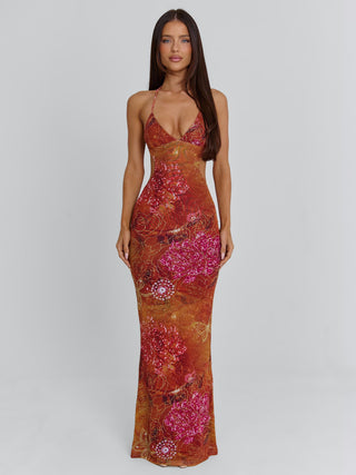 esmeralda maxi dress golden crystal Womens Petal Strapless Crystal Draped Sparkly Maxi