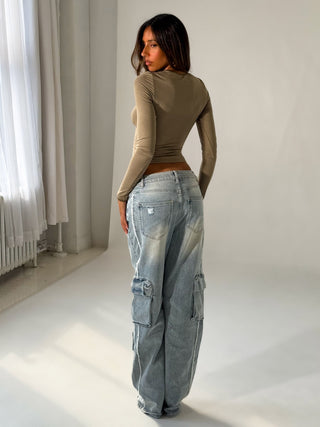 ZINNIA LONG SLEEVE TOP KHAKI Crop Top 
