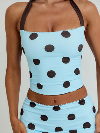 LULA REVERSIBLE TOP BLUE AND CHOCOLATE POLKA DOT Crop Top 